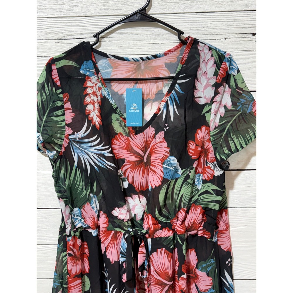 Cupshe Swim Cover Up Women Large Black Tropical Floral NWT Mesh V-Neck Dress - Picture 3 of 5